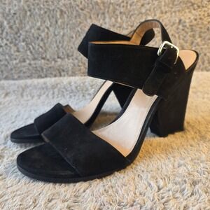Stuart Weitzman Partisan Black Suede Ankle Strap Block Heel Sandals Size 10M‎